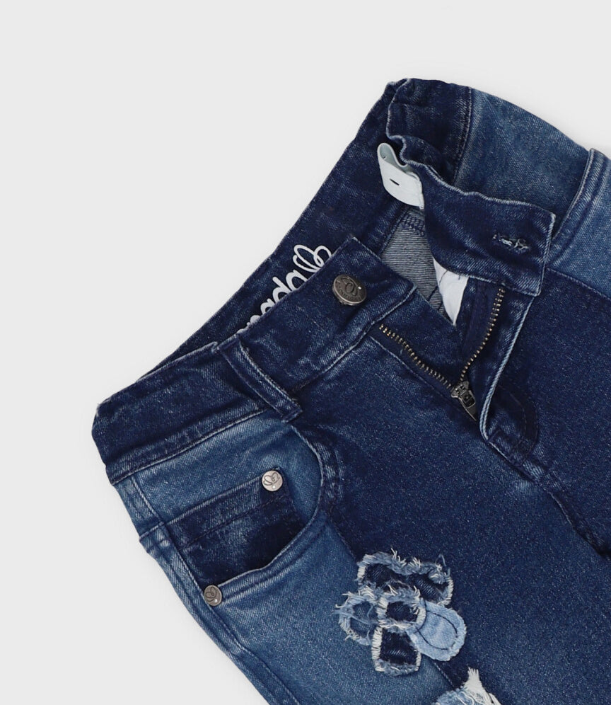 Jeans niña aplicación de flores 2 años / Azul Marino