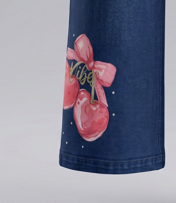 Jeans niña wide leg con cherry y lazos 2 años / Azul Marino