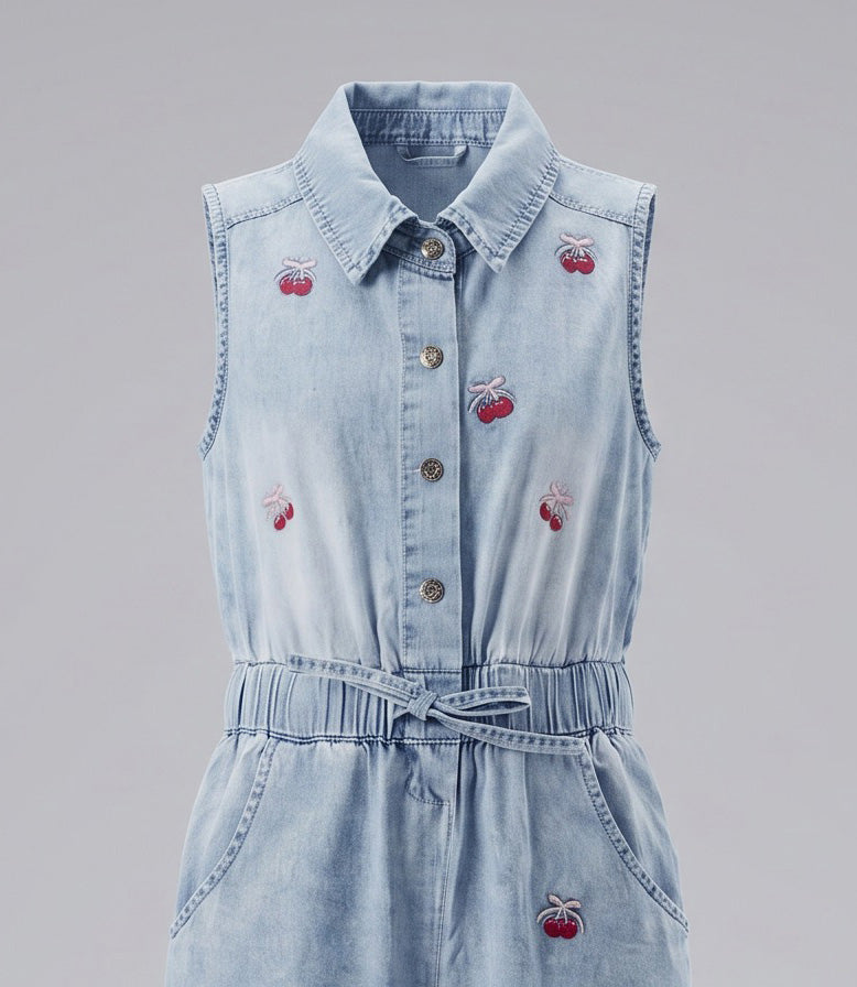 Enterito niña de denim con cherry 2 años / Celeste
