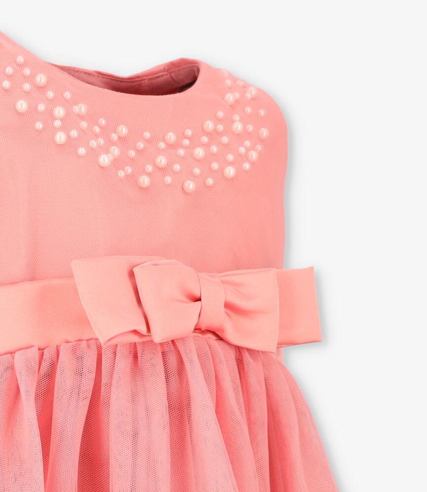 Vestido bebé con aplicación de perlas 3 meses / Coral