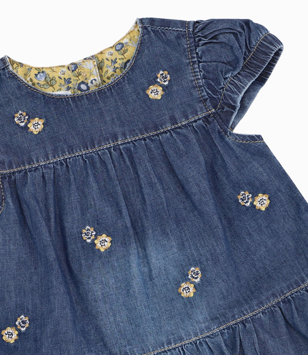 Vestido Con Caída Amplia Recién Nacida 100% Algodón Denim Azul Limonada