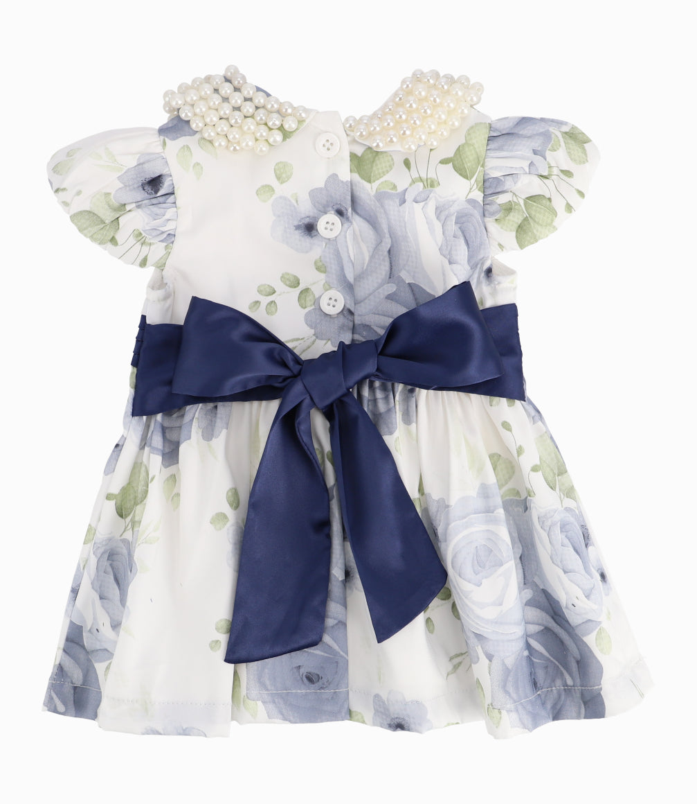 Vestido Recién Nacida Con Cuello de Perlas Limonada Azul Marino