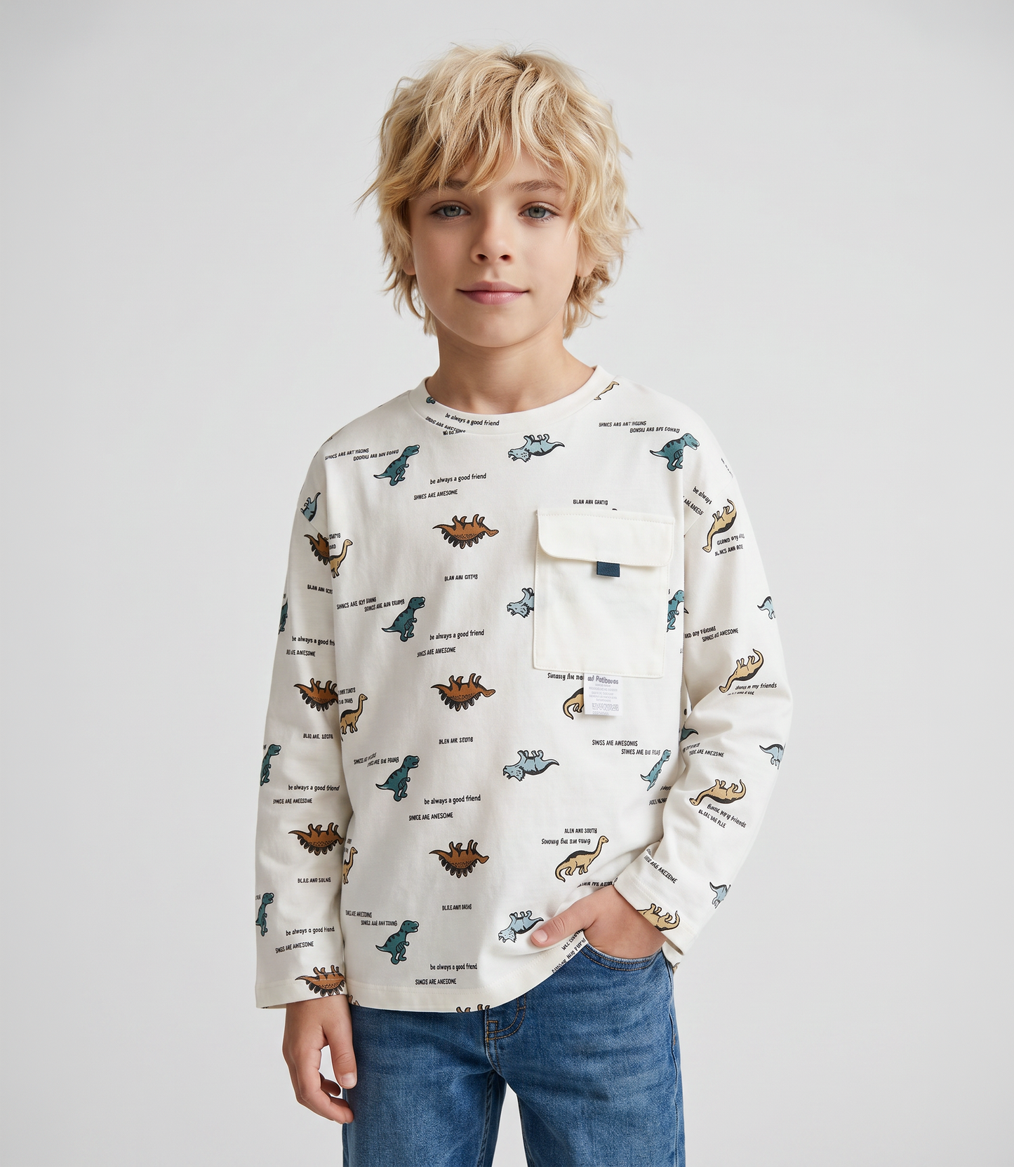 Polera niño con dinosaurios 2 años / Blanco