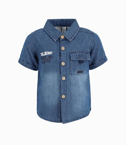 Camisa Con Bolsillo 100% Algodón Bebé Niño Denim Azul