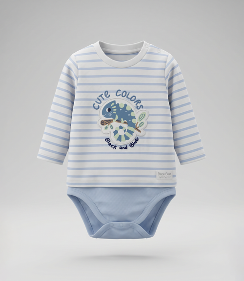 Body recién nacido rayado con camaleón 0 meses / Celeste