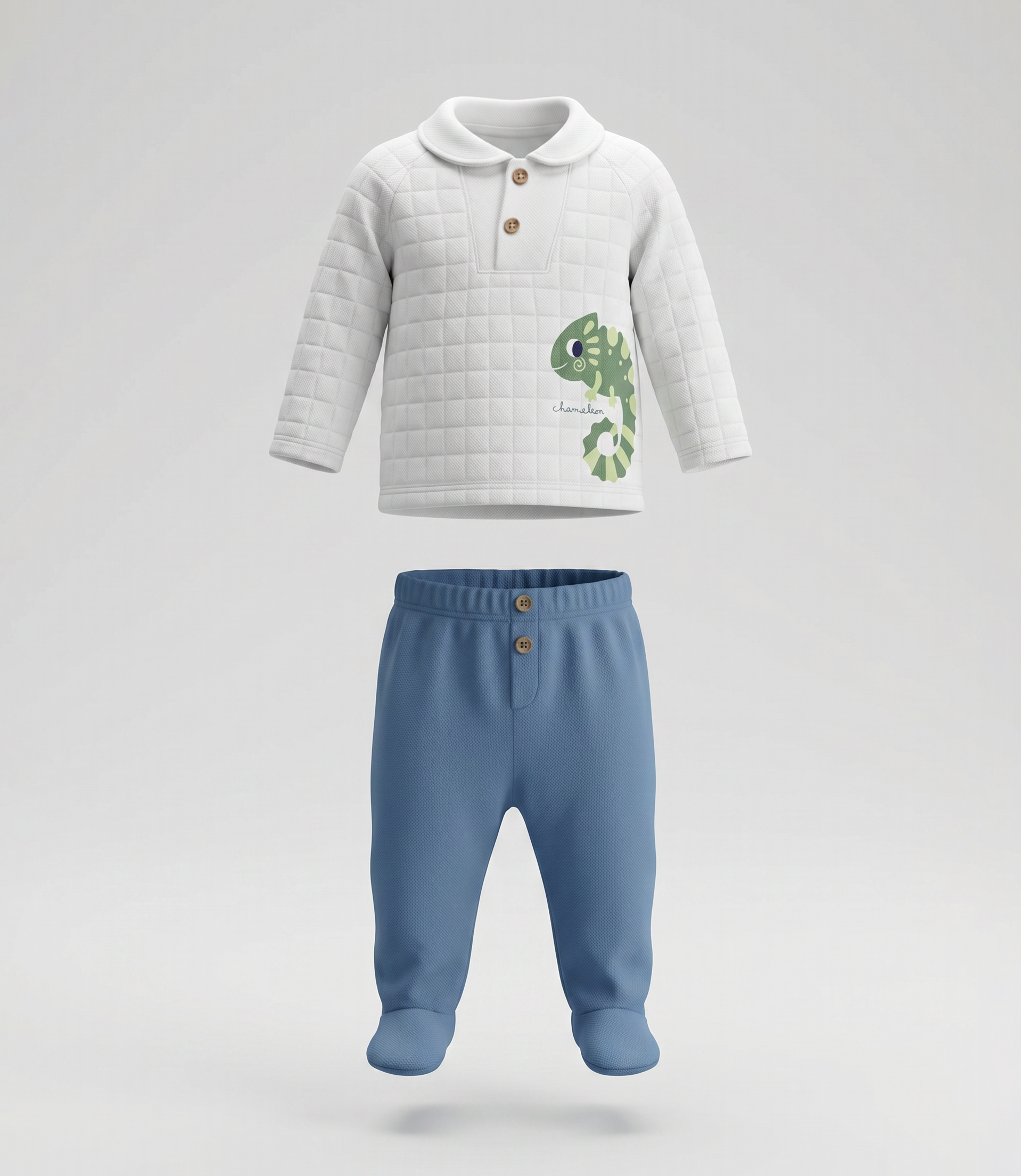 Conjunto recién nacido cuadrillé con camaleón 0 meses / Crudo