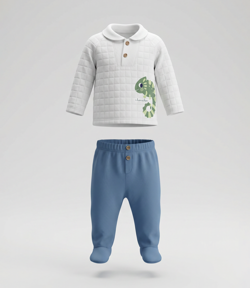 Conjunto recién nacido cuadrillé con camaleón 0 meses / Crudo