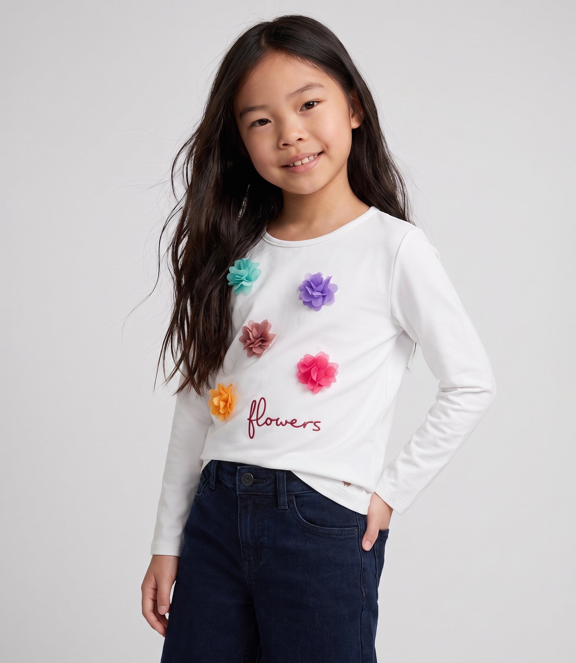 Polera niña con flores 2 años / Blanco