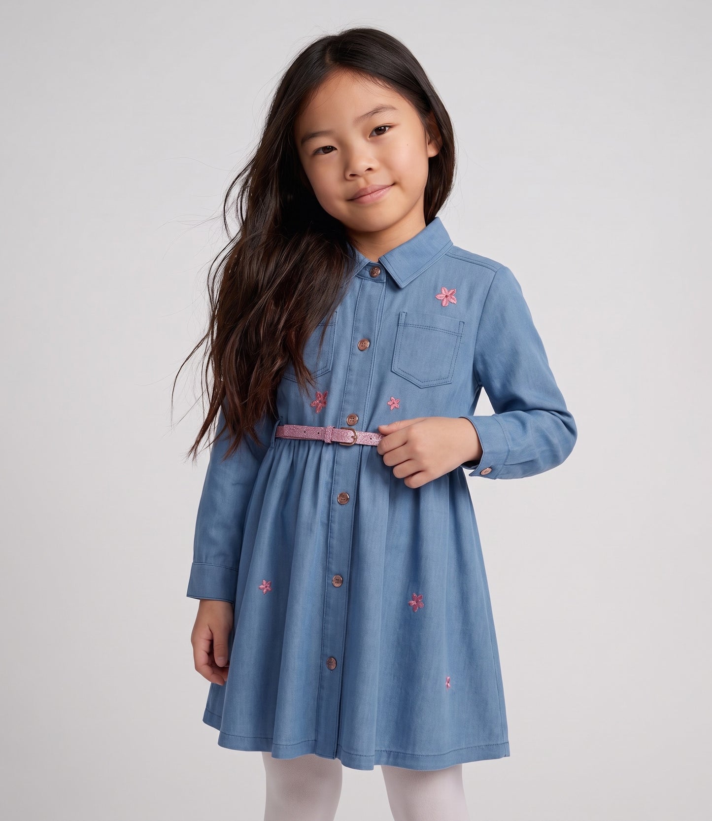 Vestido niña denim con flores 2 años / Celeste
