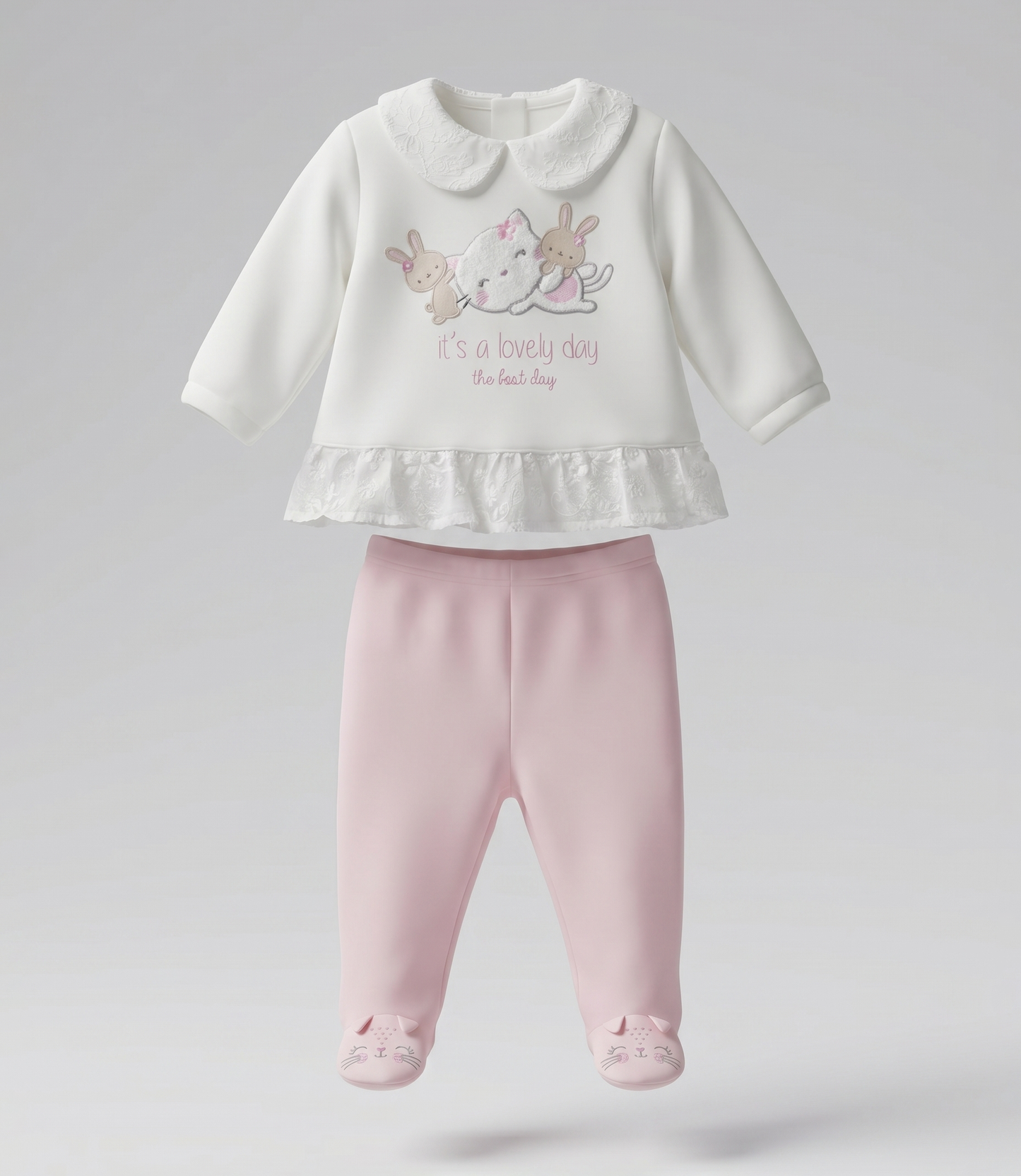 Conjunto recién nacida con gato y conejos 0 meses / Rosado