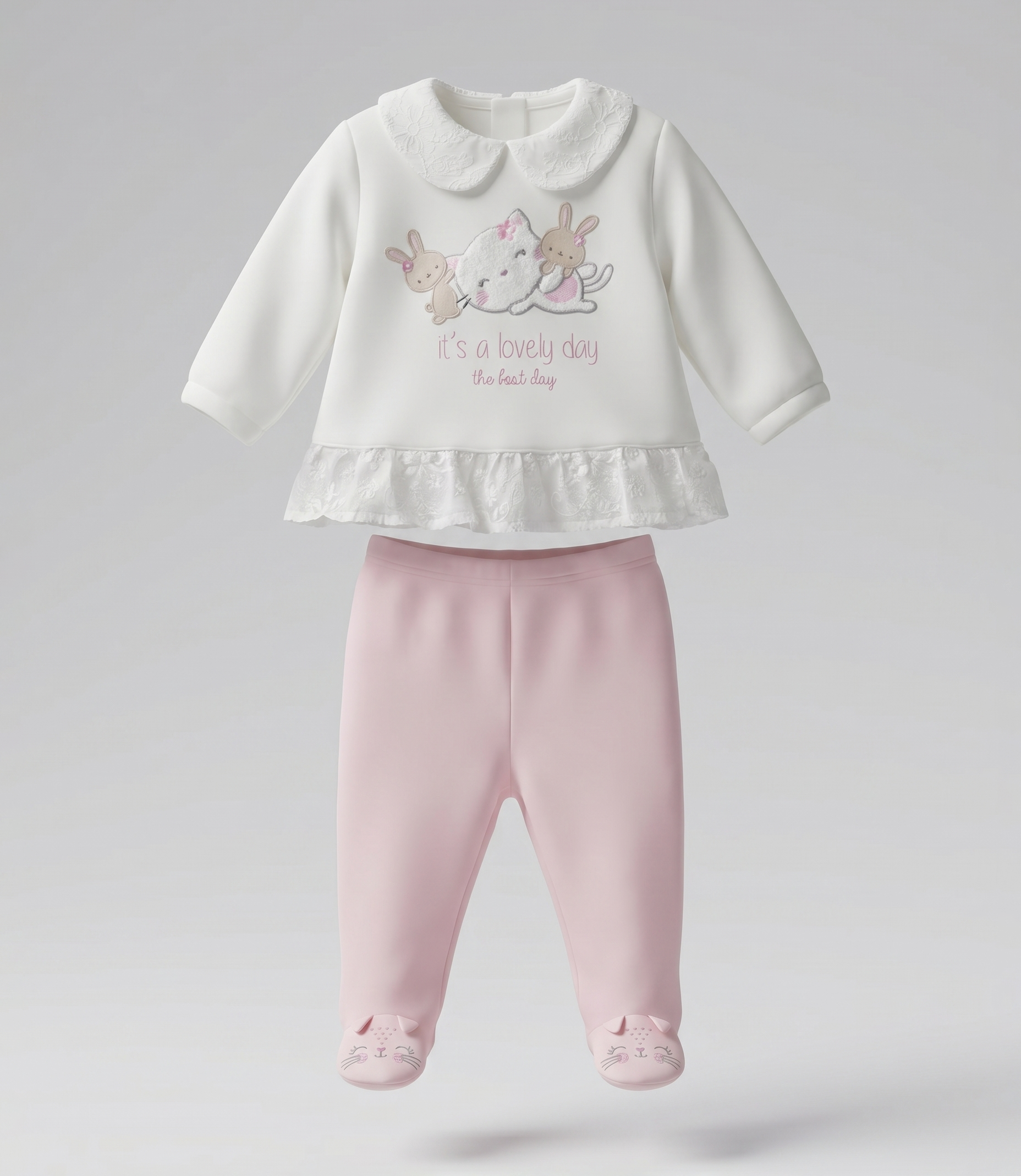 Conjunto recién nacida con gato y conejos 0 meses / Rosado