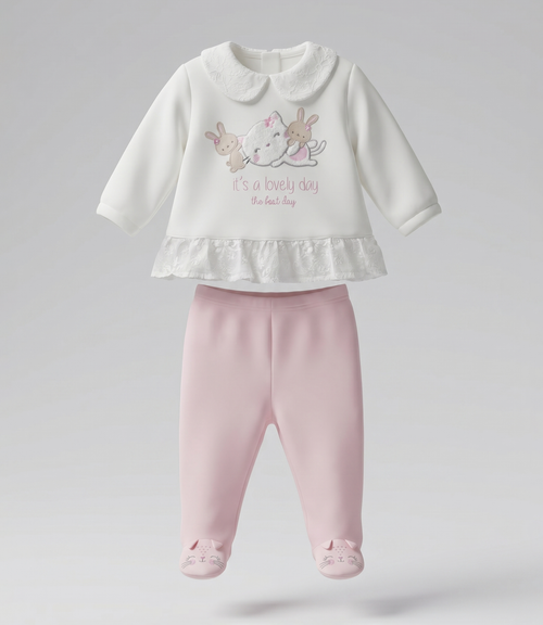 Conjunto recién nacida con gato y conejos 0 meses / Rosado