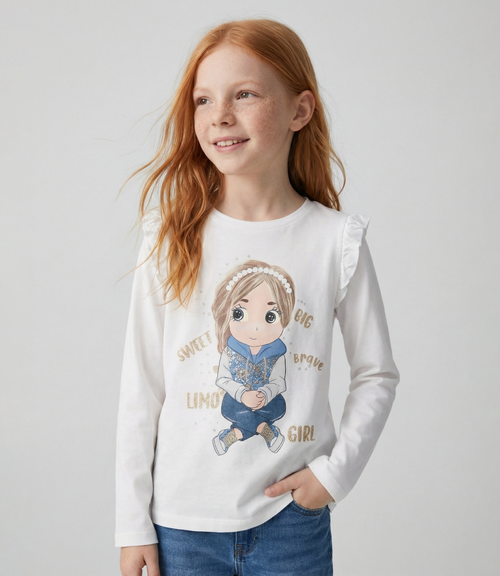 Polera niña con estampado y vuelo 2 años / Crudo
