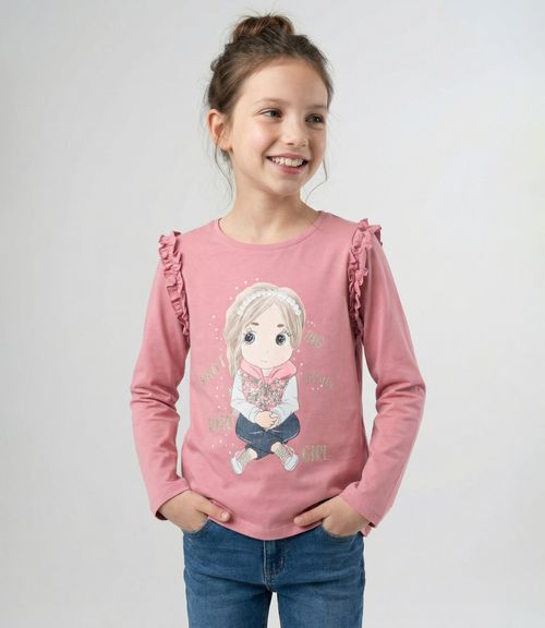 Polera niña con estampado y vuelo 2 años / Coral