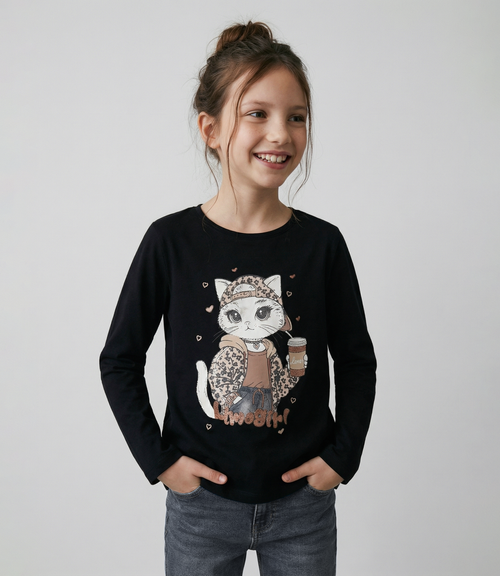 Polera niña con gato 2 años / Negro