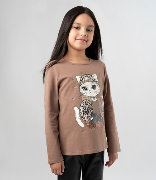 Polera niña con gato 2 años / Café