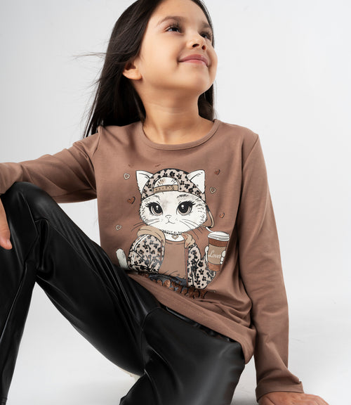 Polera niña con gato 2 años / Café