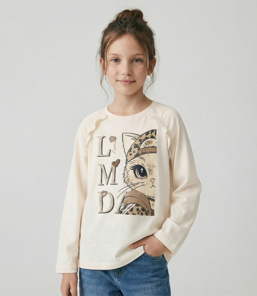 Polera niña con gato 2 años / Crudo
