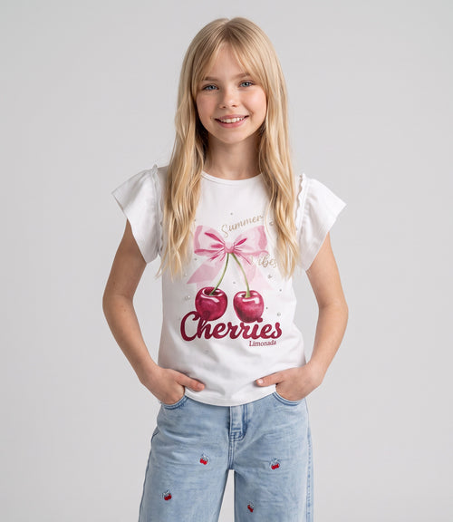 Polera niña con vuelos y cherry 2 años / Crudo
