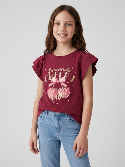 Polera niña con vuelos y cherry 2 años / Frambuesa