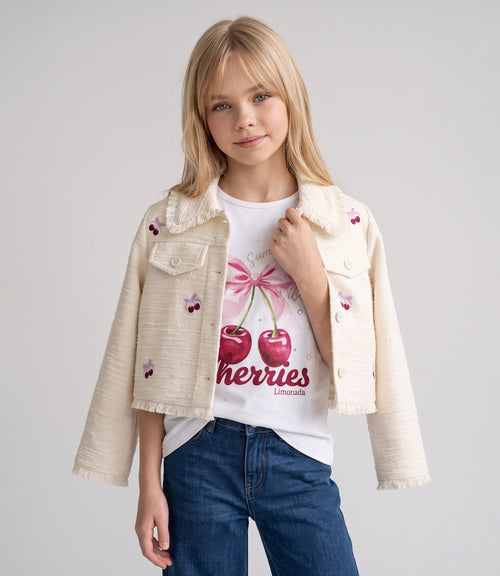 Chaqueta niña bordada con cherry 2 años / Crudo