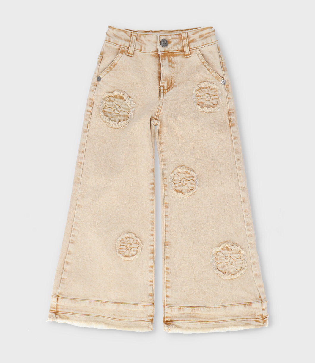 Jeans niña aplicación de flores 2 años / Beige