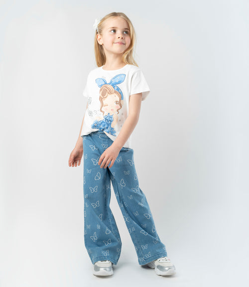 Jeans niña con flores y mariposas 2 años / Celeste