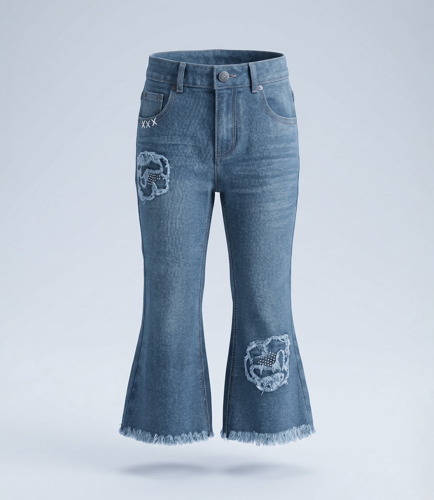 Jeans niña acampanado con flores 2 años / Celeste