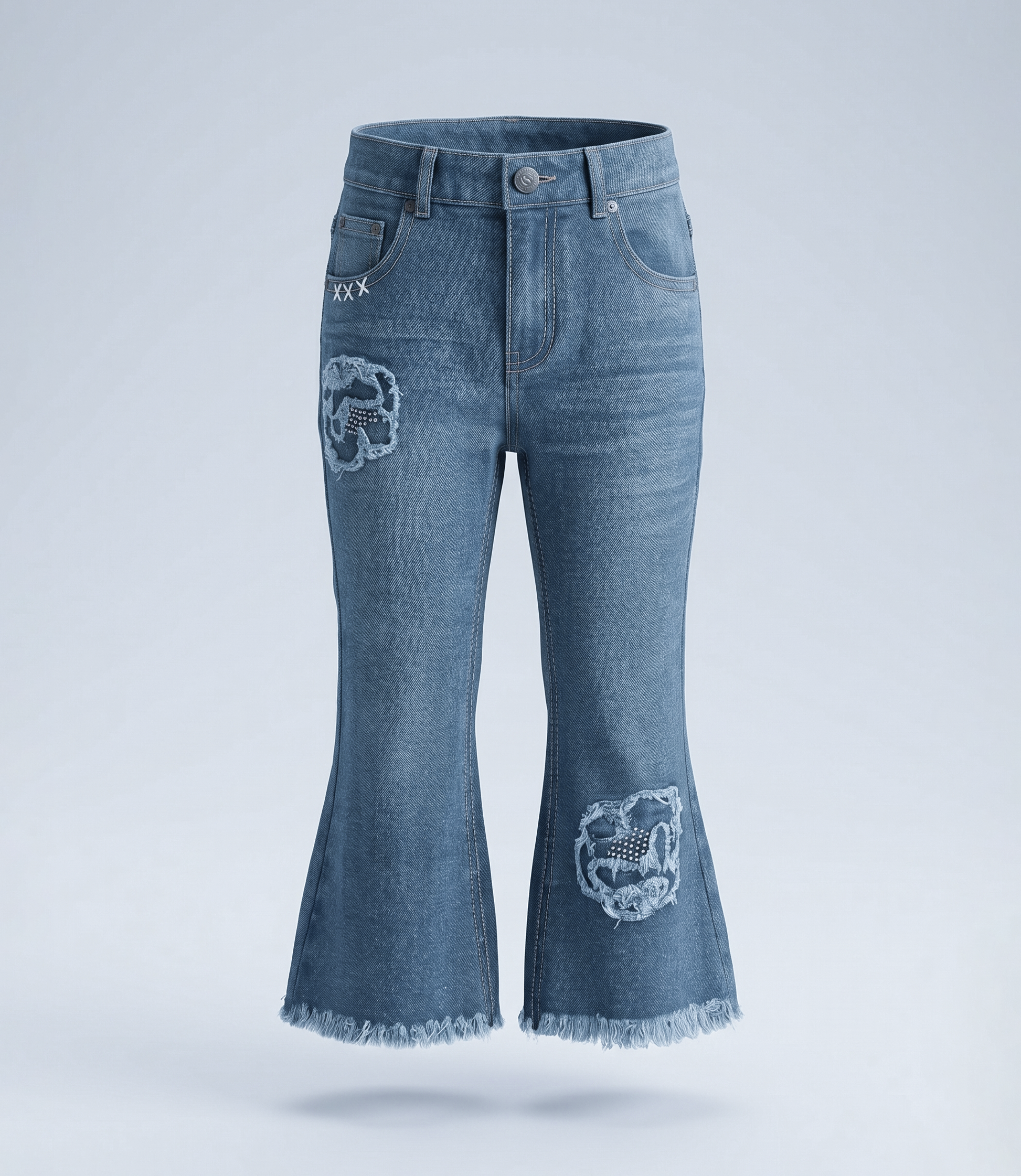 Jeans niña acampanado con flores 2 años / Celeste