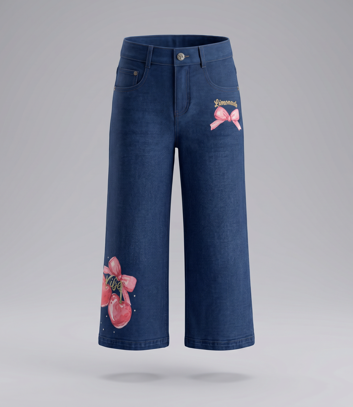 Jeans niña wide leg con cherry y lazos 2 años / Azul Marino