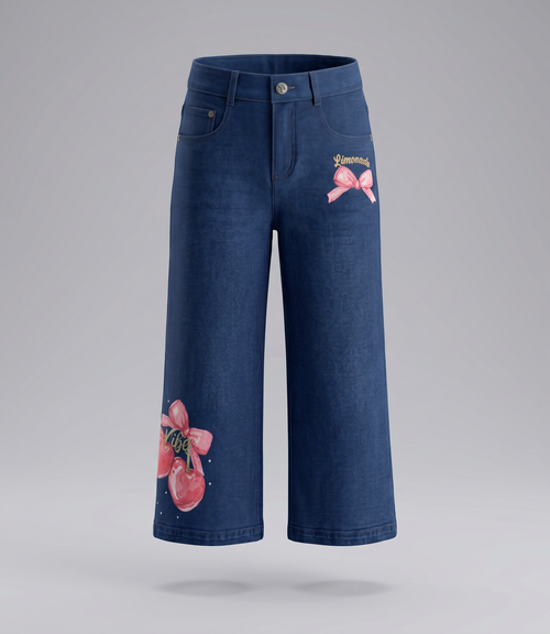 Jeans niña wide leg con cherry y lazos 2 años / Azul Marino