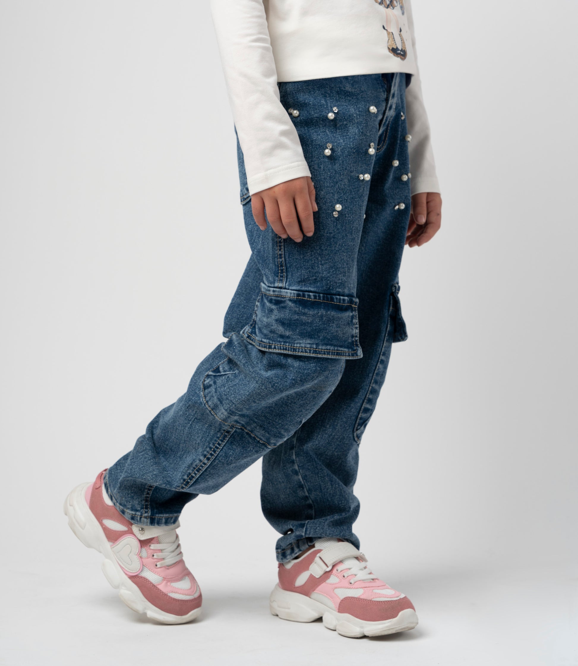 Jeans niña barrel con perlas 2 años / Azul Marino