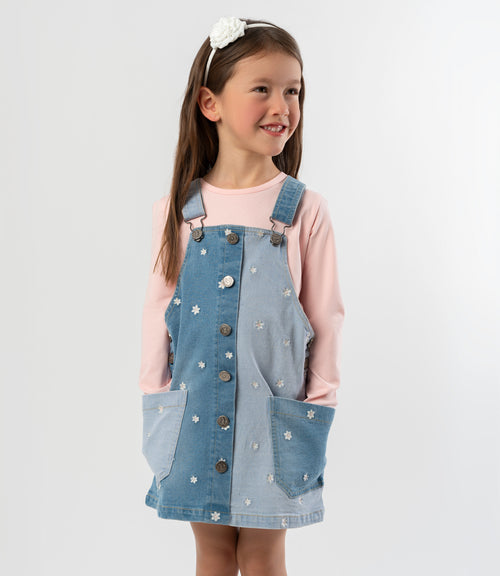 Vestido niña de denim con flores 2 años / Celeste