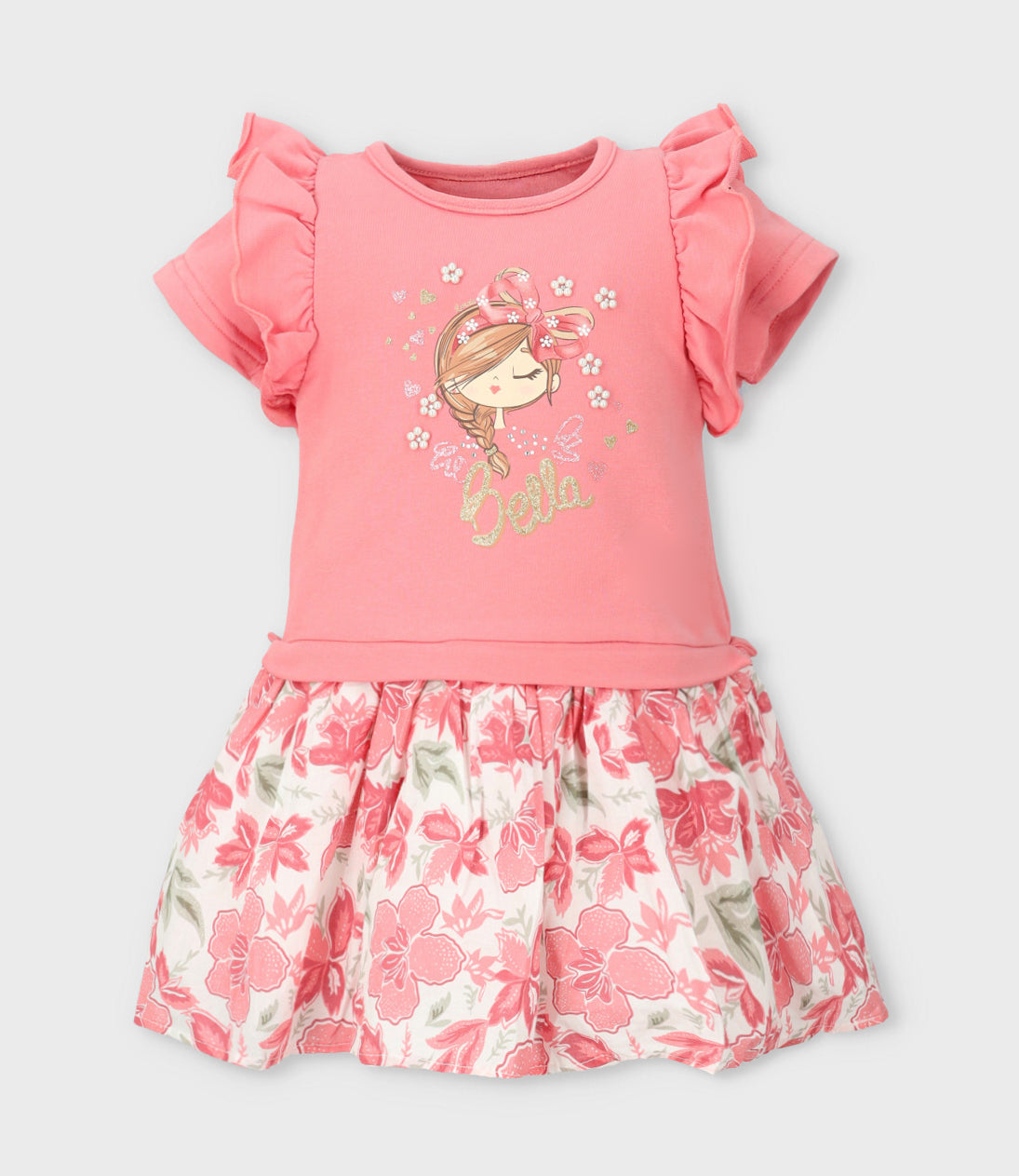 Vestido niña con flores y estampado 2 años / Coral
