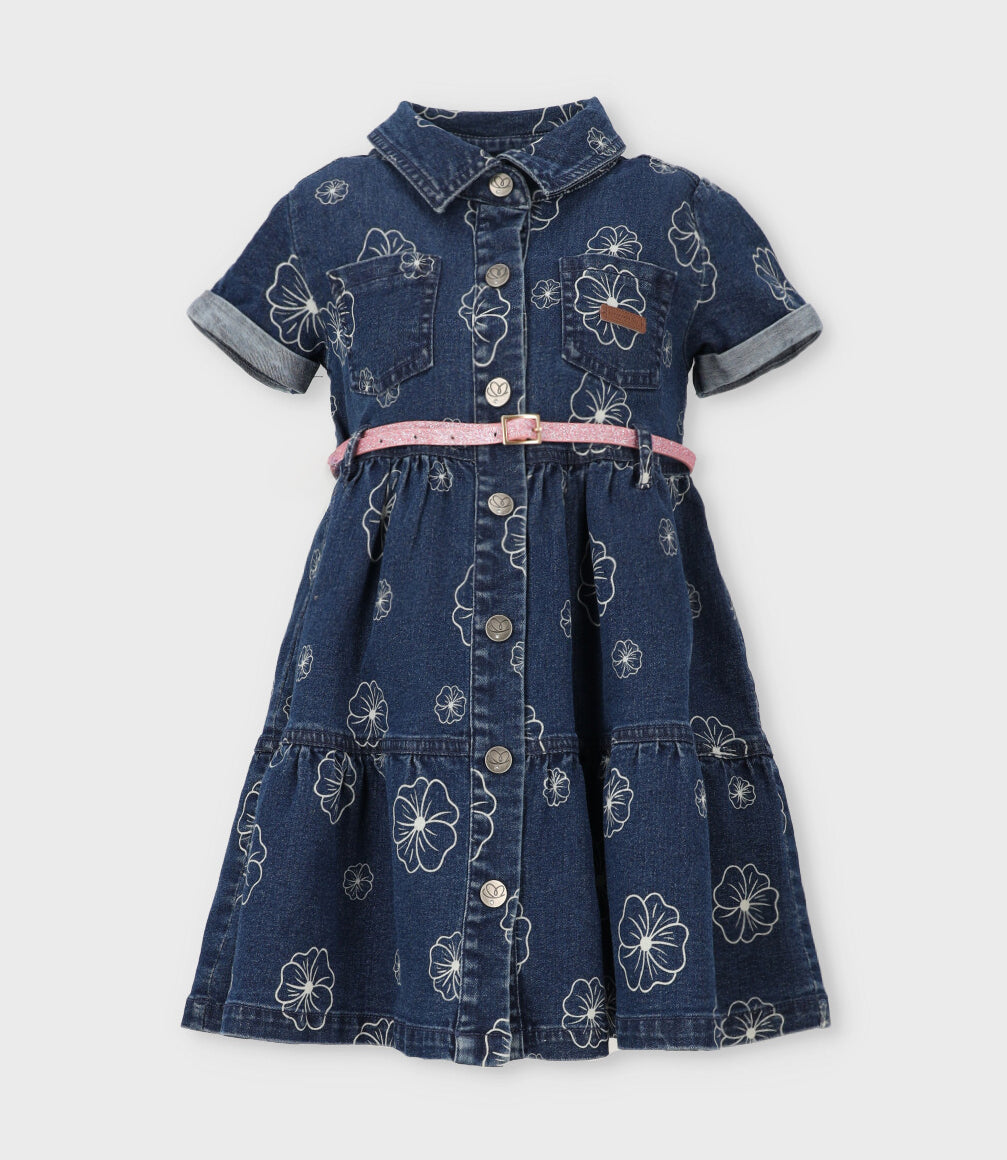 Vestido niña de denim con flores 2 años / Azul Marino