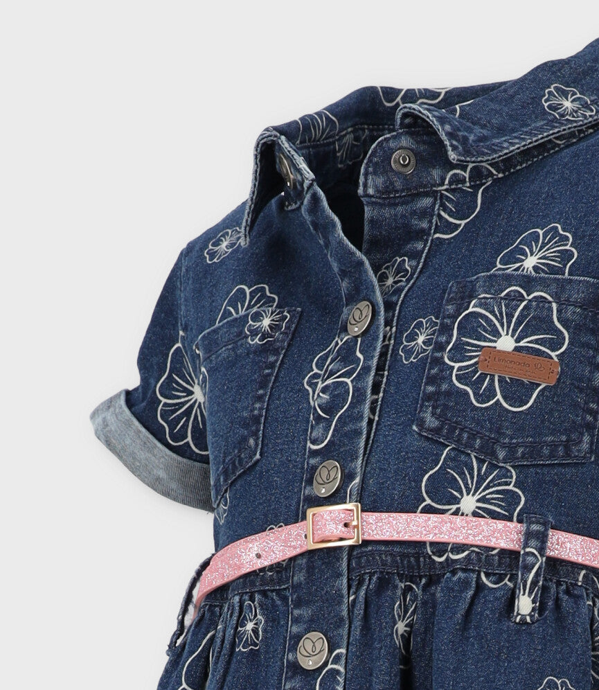 Vestido niña de denim con flores 2 años / Azul Marino