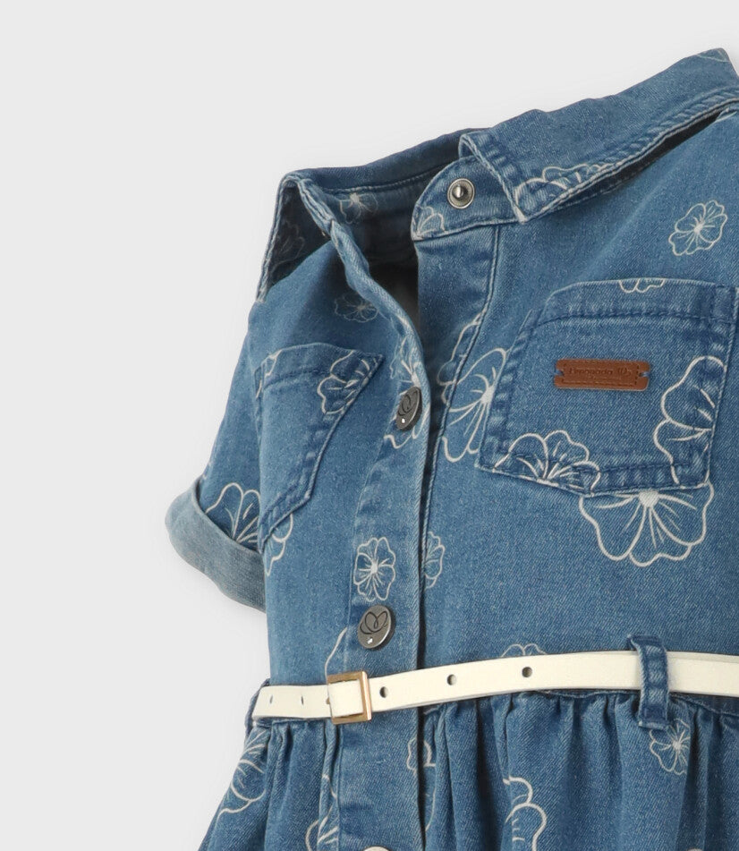 Vestido niña de denim con flores 2 años / Celeste