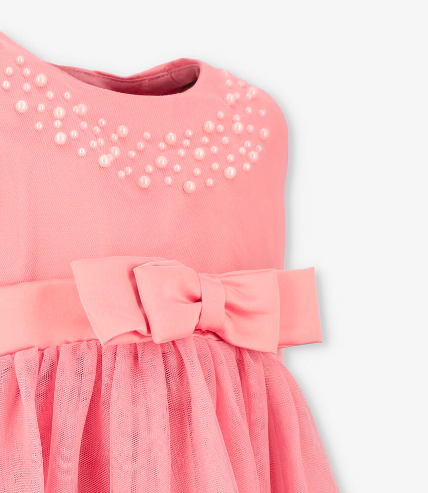 Vestido niña con aplicación de perlas 2 años / Coral