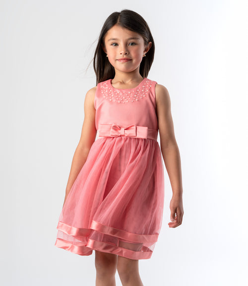 Vestido niña con aplicación de perlas 2 años / Coral