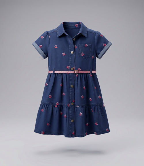 Vestido niña de denin con cherry 2 años / Azul Marino
