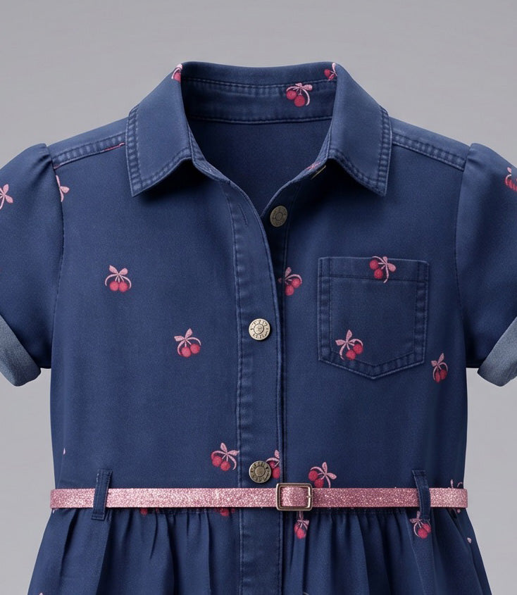 Vestido niña de denin con cherry 2 años / Azul Marino