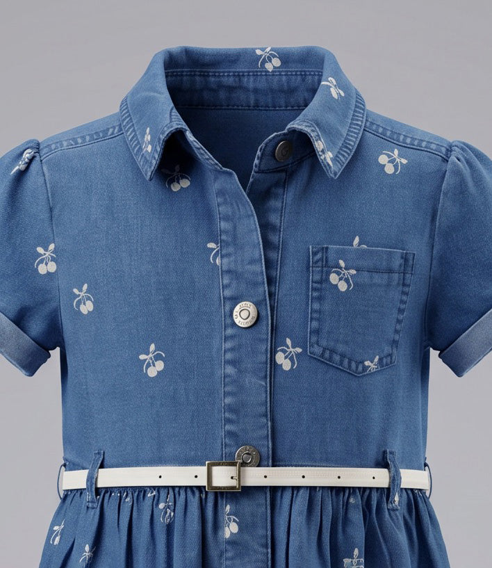 Vestido niña de denin con cherry 2 años / Celeste