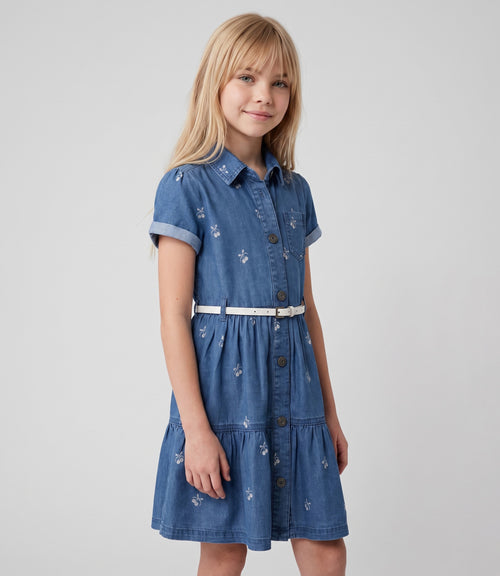 Vestido niña de denin con cherry 2 años / Celeste