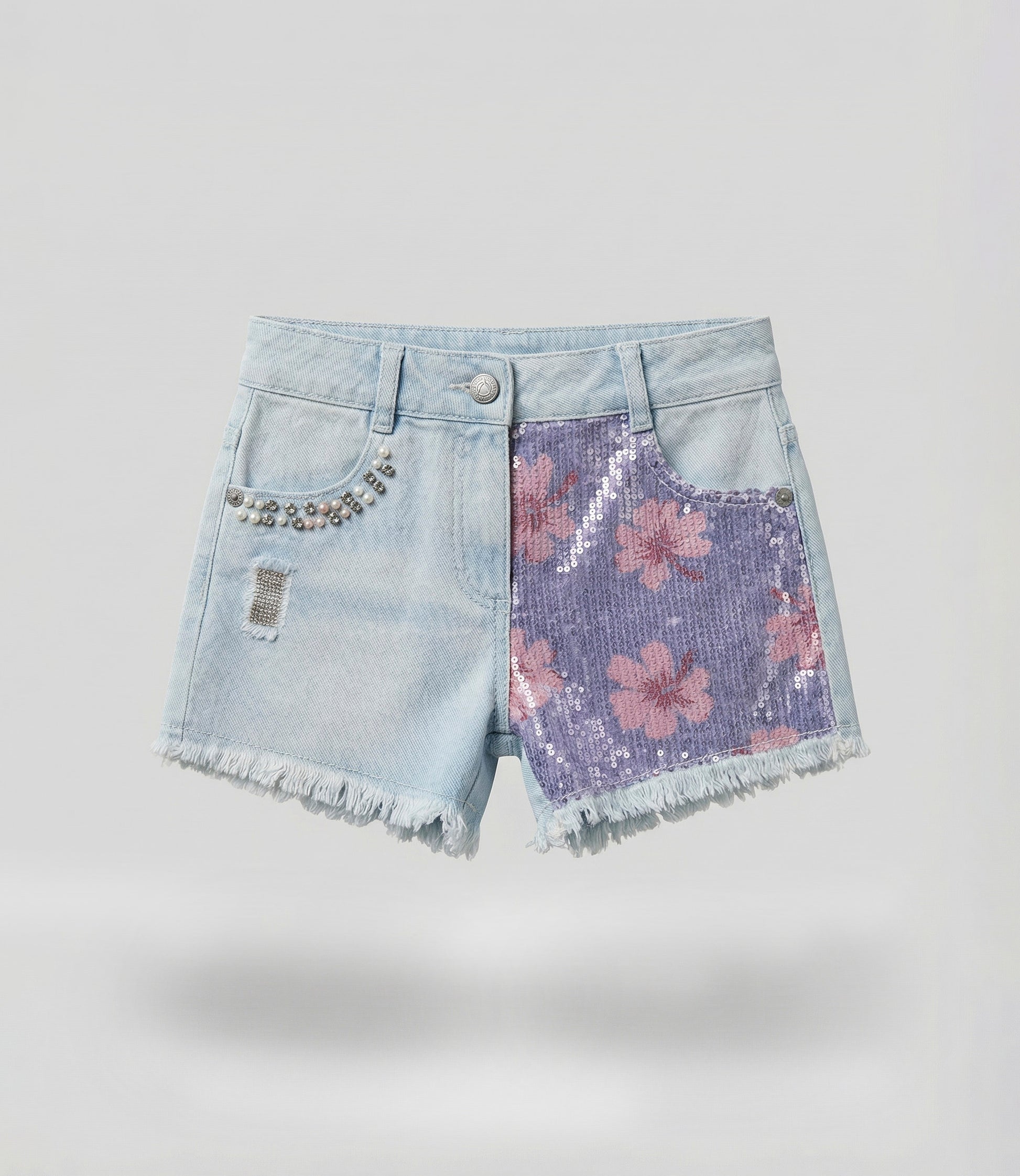 Short niña con lentejuelas y flores 2 años / Celeste