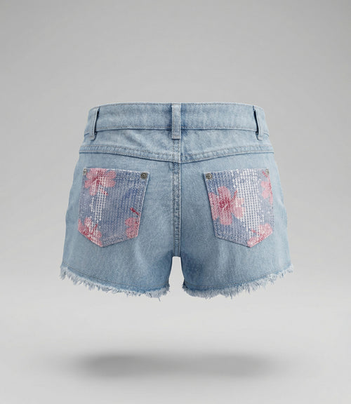Short niña con lentejuelas y flores 2 años / Celeste