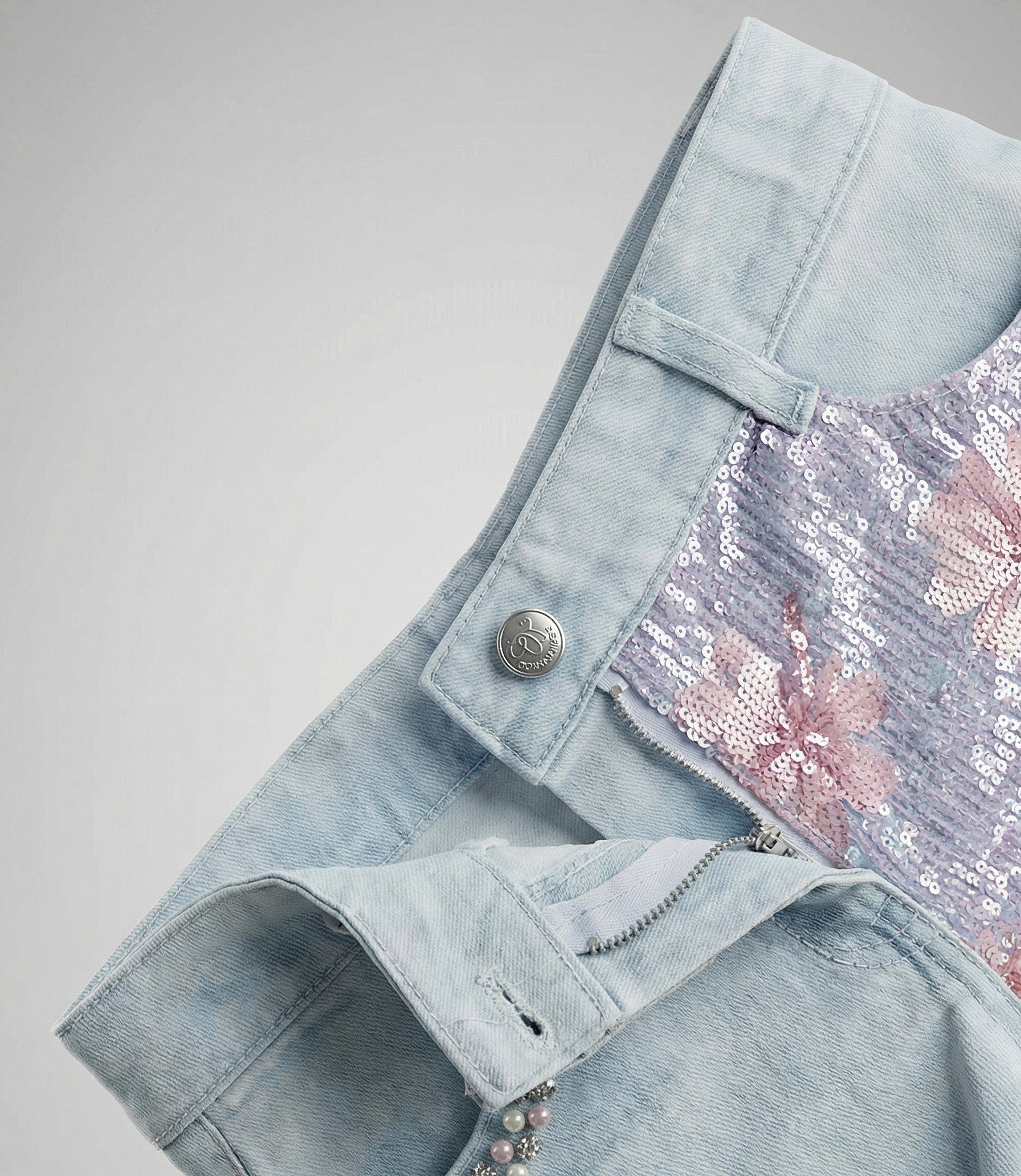 Short niña con lentejuelas y flores 2 años / Celeste