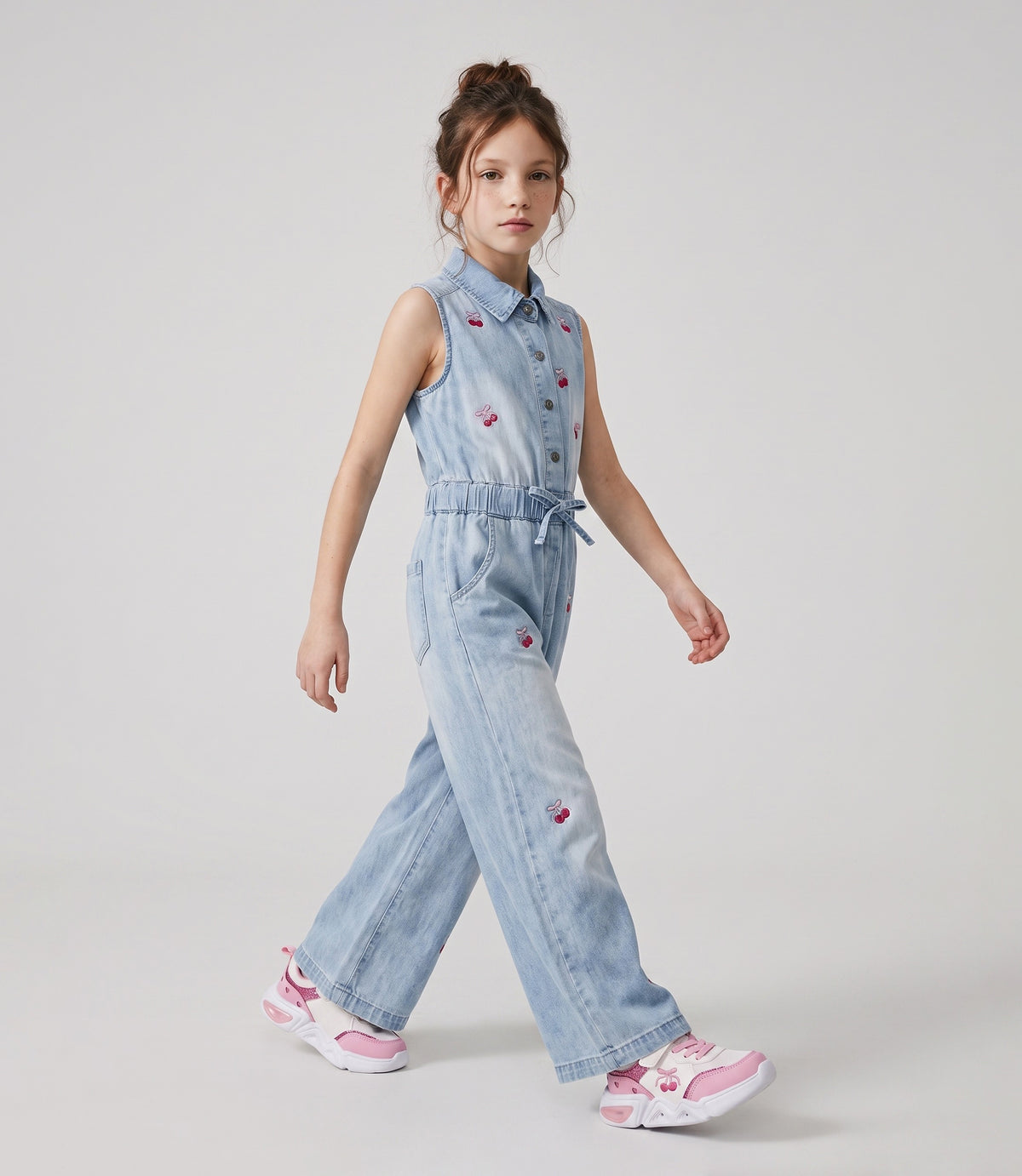 Enterito niña de denim con cherry 2 años / Celeste