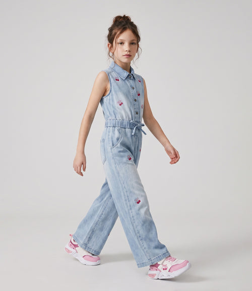 Enterito niña de denim con cherry 2 años / Celeste