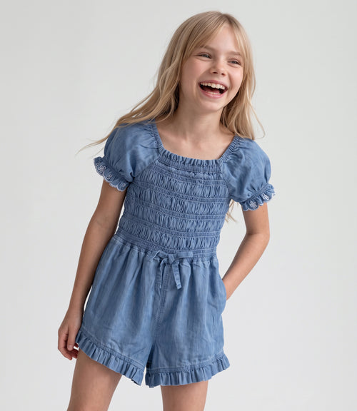 Enterito niña denim con broderie 2 años / Celeste