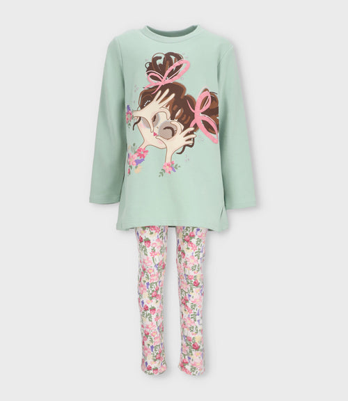 Conjunto niña con estampado y flores 2 años / Verde